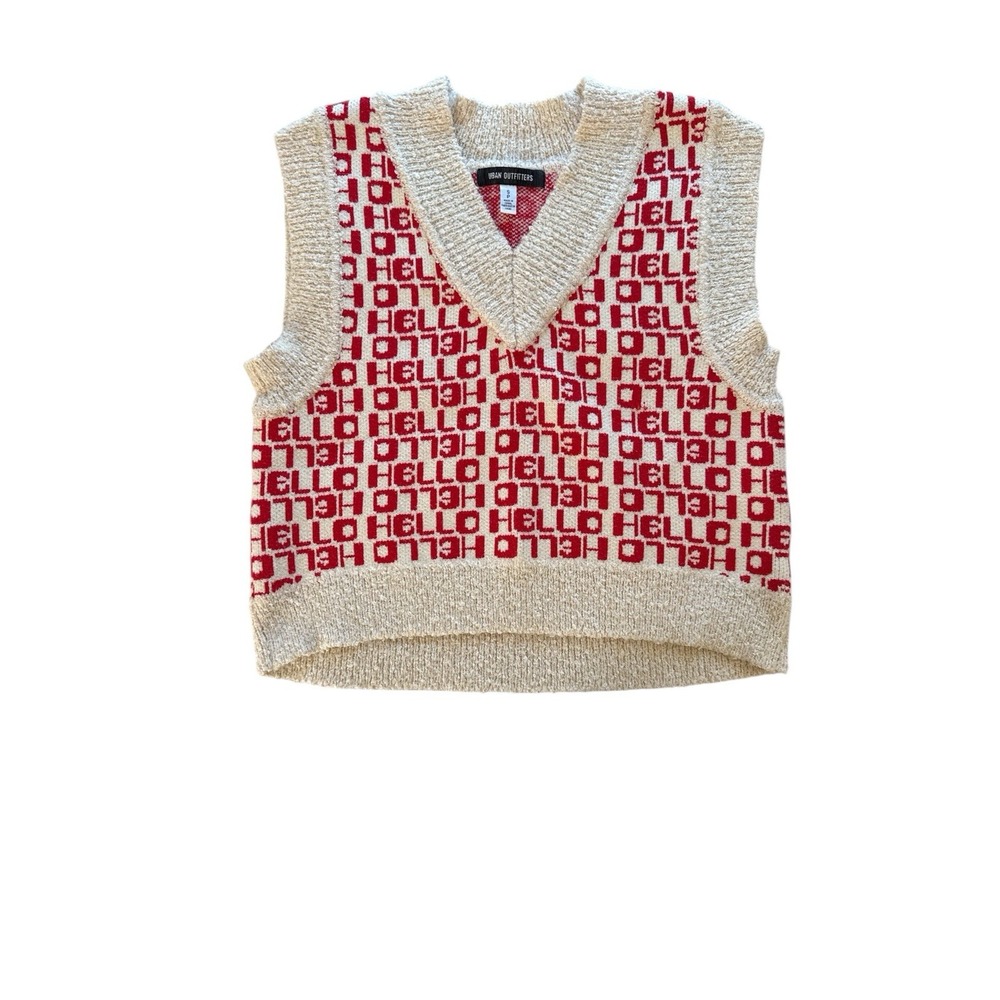 URBAN OUTFITTERS BDG Jordie HELLO Jacquard Sweater Vest Red Multi Small Festive - Picture 3 of 7